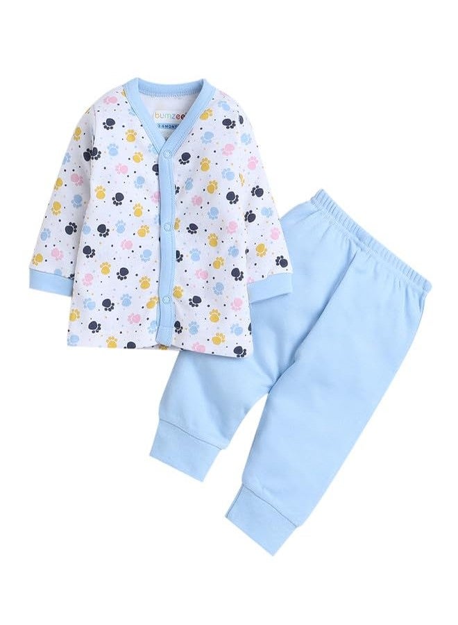 BUMZEE White & Blue Baby Girls Full Sleeves Jabla & Pyjama Set Age - 3-6 Months (Peb8763C-wht.blu) - Image 1