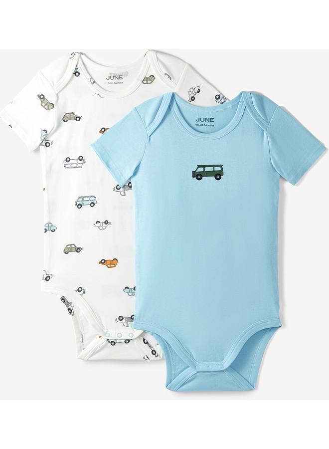 June Baby Envelope Neck 5-Pack Short Sleeve Car Printed Bodysuit Ecru - Light Blue - Image 1