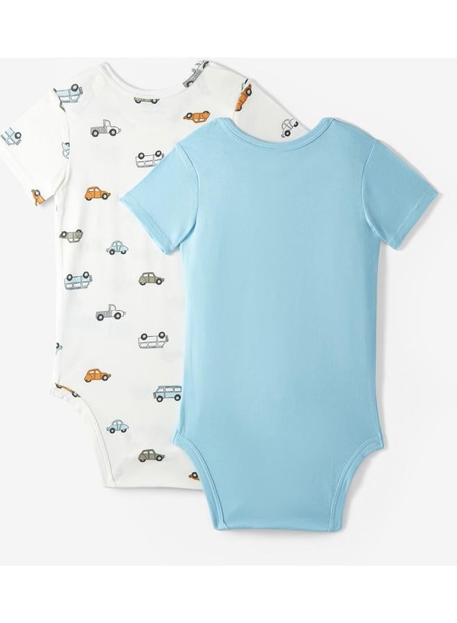 June Baby Envelope Neck 5-Pack Short Sleeve Car Printed Bodysuit Ecru - Light Blue - Image 2