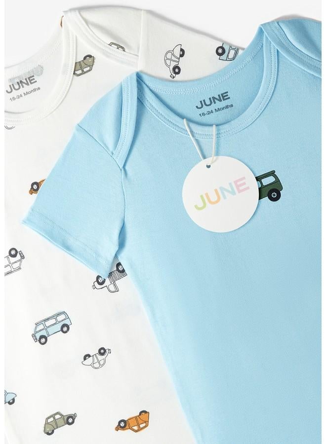 June Baby Envelope Neck 5-Pack Short Sleeve Car Printed Bodysuit Ecru - Light Blue - Image 4