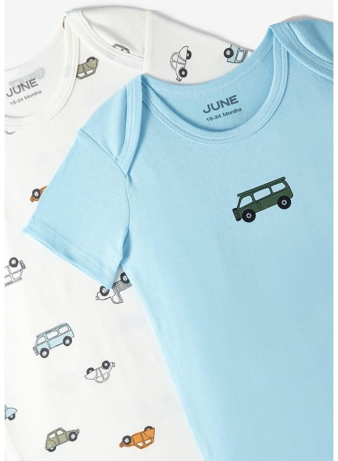 June Baby Envelope Neck 5-Pack Short Sleeve Car Printed Bodysuit Ecru - Light Blue - Image 3