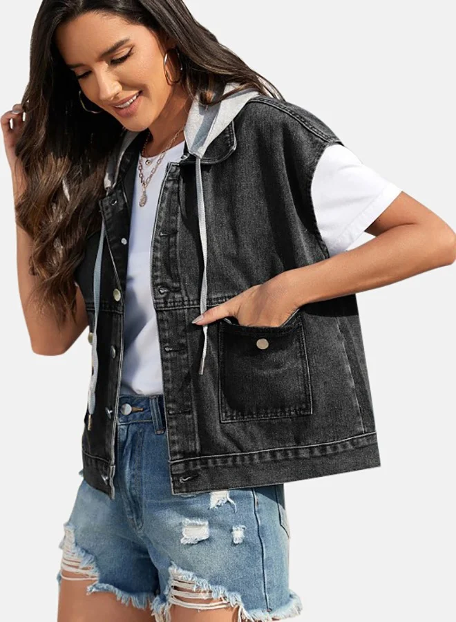 يونيكي Black Collared Sleeveless Denim Jacket
