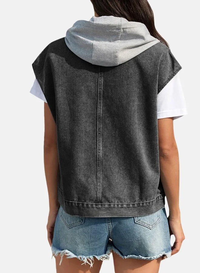 يونيكي Black Collared Sleeveless Denim Jacket