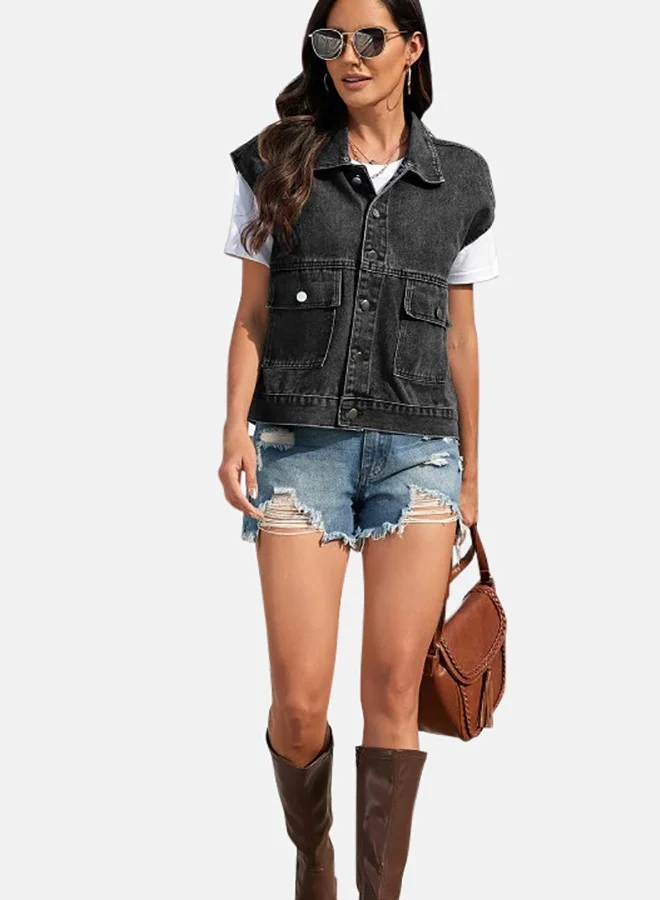 يونيكي Black Collared Sleeveless Denim Jacket