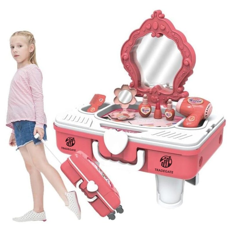 تريدجيت مجموعة عربة مكياج للأطفال، محطة تجميل تظاهرية 2 في 1 مع مرآة، وردي، 34.5 × 24 × 38 سم - Image 1