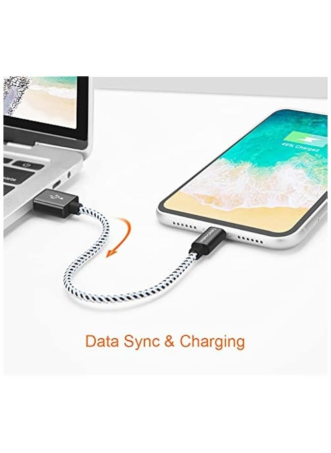 كابل كرييشن كابل Lightning قصير إلى USB لمزامنة البيانات بطول 0.5 قدم [معتمد من MFi] متوافق مع iPhone X، 8، 8 Plus، 7، 7 Plus، 6S، 6S Plus، iPad، 15 سم، أبيض وأسود - Image 4