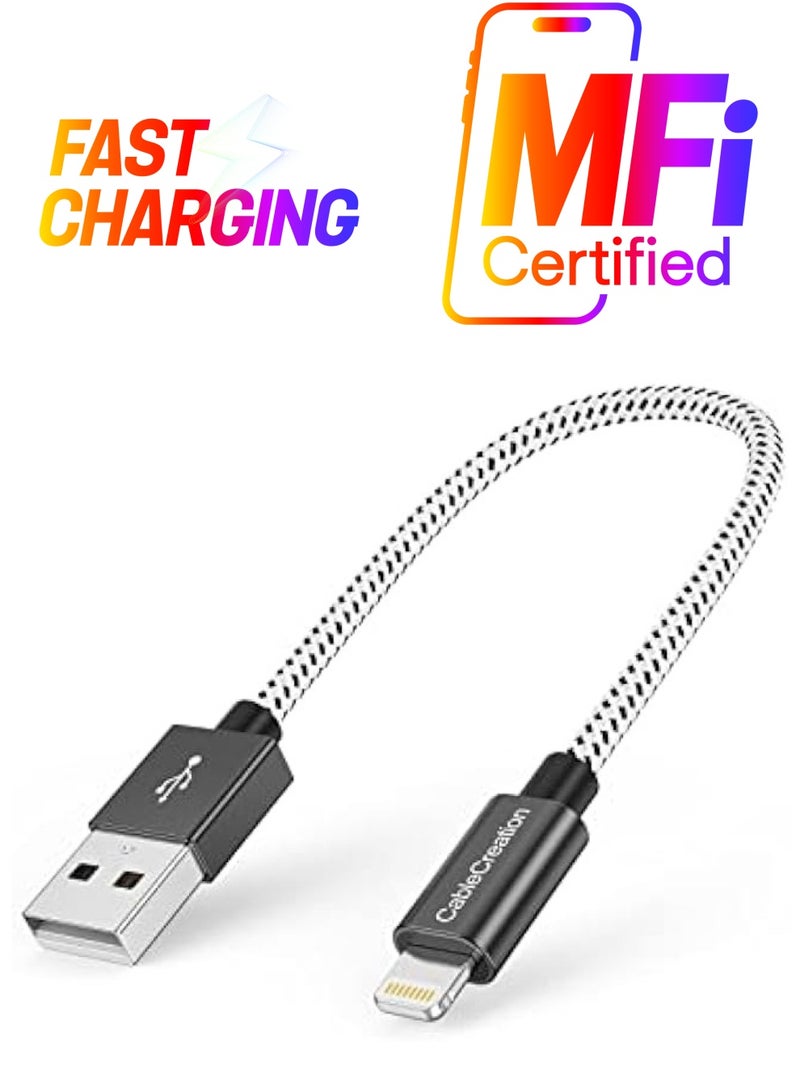 كابل كرييشن كابل Lightning قصير إلى USB لمزامنة البيانات بطول 0.5 قدم [معتمد من MFi] متوافق مع iPhone X، 8، 8 Plus، 7، 7 Plus، 6S، 6S Plus، iPad، 15 سم، أبيض وأسود - Image 1