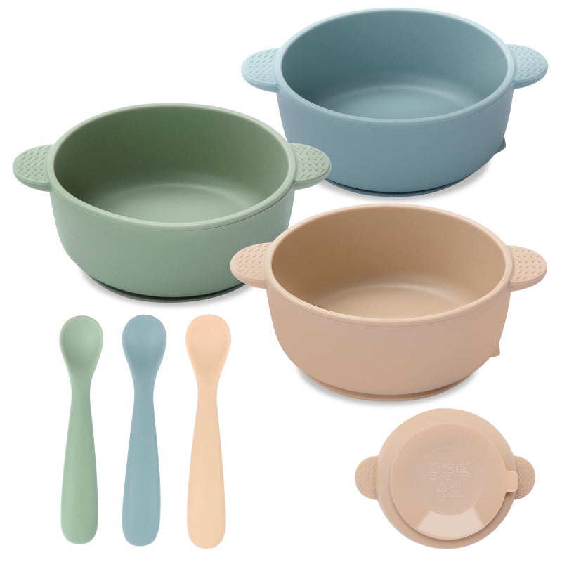Eascrozn Baby Bowls with Suction and Baby Spoons Set of 3, Silicone Stay Put Bowls and Feeding Spoons for Babies Toddlers Kids, BPA Free,Microwave and Dishwasher Safe - Image 1