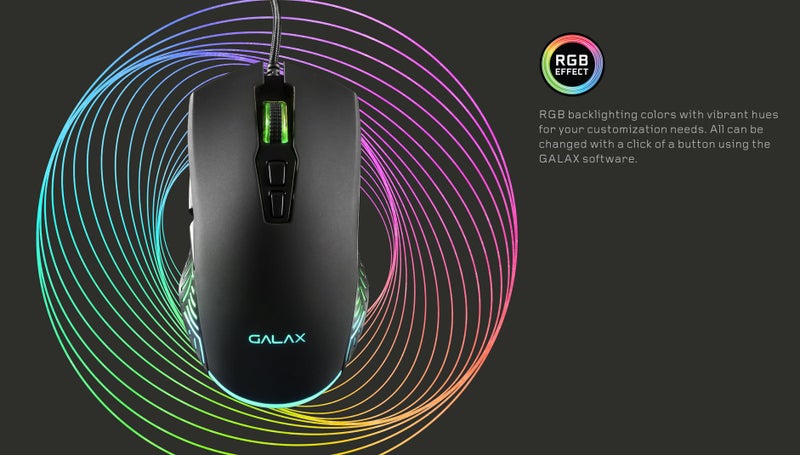 Galax Slider-03 USB Wired Gaming Mouse | 7 Programmable Buttons | Customizable RGB Lights | Ergonomic Design | 7200 DPI Gaming Grade Sensor | 1.5m Braided Cable | 16.8mn Color, Light Weight - Black - Image 3