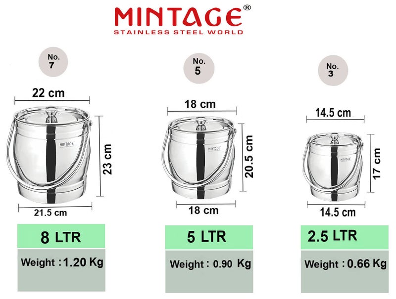 Mintage Milk Barni 2.5+5+8 litres Set of 3 | Oil Can | Heavy Body | Pot Ghee Container | Stainless Steel with Lid | Storage Dolchi - Image 2