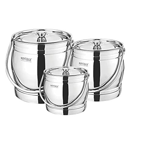 Mintage Milk Barni 2.5+5+8 litres Set of 3 | Oil Can | Heavy Body | Pot Ghee Container | Stainless Steel with Lid | Storage Dolchi - Image 1