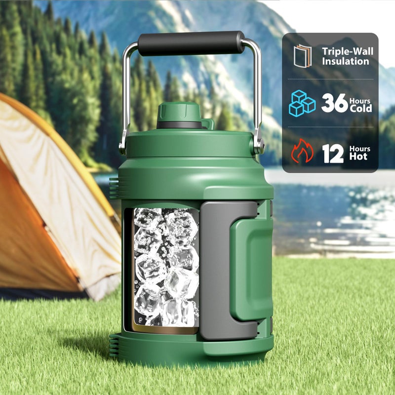 Meoky 64 oz Insulated Water Bottle for Camping: Meoky Triple Wall Vacuum Stainless Steel Half Gallon Water Jug - Top and Side Handles, 2-in-1 Straw and Spout Lid, Cold for 36 Hrs, Leak Proof, BPA Free (Fir) - Image 2