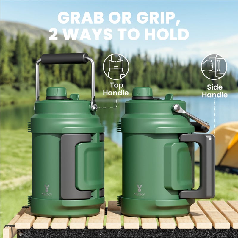 Meoky 64 oz Insulated Water Bottle for Camping: Meoky Triple Wall Vacuum Stainless Steel Half Gallon Water Jug - Top and Side Handles, 2-in-1 Straw and Spout Lid, Cold for 36 Hrs, Leak Proof, BPA Free (Fir) - Image 3