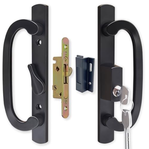 ALLYWASAI Patio Sliding Door Handle Set with Mortise Lock, Key Cylinder and Keeper, Replacement Handle Lock Set Fits Door Thickness from 1-1/2" to 2-1/4", 3-15/16" Screw Hole Spacing, Keyed, Black - Image 1