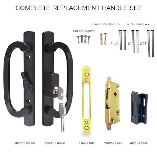 ALLYWASAI Patio Sliding Door Handle Set with Mortise Lock, Key Cylinder and Keeper, Replacement Handle Lock Set Fits Door Thickness from 1-1/2" to 2-1/4", 3-15/16" Screw Hole Spacing, Keyed, Black - Image 2