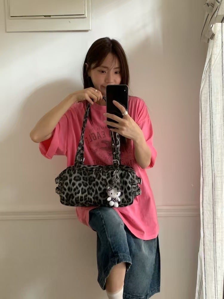 Homemade Leopard Print Series Korean Female Niche Ins Blogger Motorcycle Boston Armpit Bag High-End Shoulder Bag - Image 5