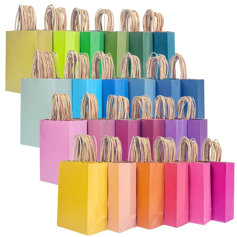 Qiqee 24Pcs Small Gift Paper Bag With Handles Bulk - 8.3""X6""X3. 15"" Rainbow Party Bags - Mulit Color - Image 1