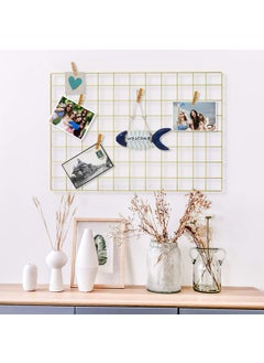 CreativeBuzz CreativeBuzz Steel Photo Collage Grid And 10 Wooden Deginer Clips Photo frame grid DIY Mesh Wire Frame Metal Hanging Aesthetic Moments Photo Wall Dcor for Home Living Room and office Gold  - Image 3