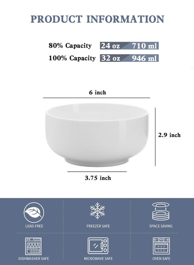 Kanwone Porcelain Bowl Set - 32 Ounce for Cereal, Salad and Soup, Bowls for Kitchen, Microwave and Dishwasher Safe - Set of 6, White - Image 2
