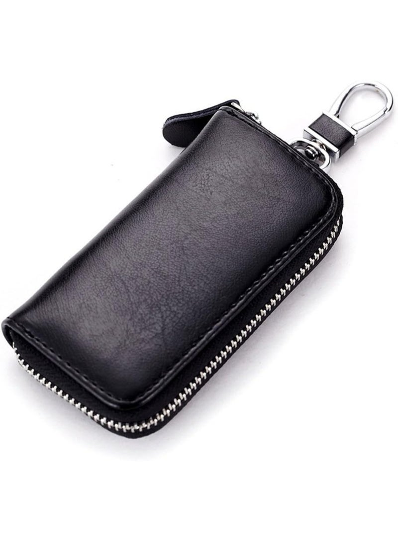 Genuine Leather Zipper Key Holder, Cowhide Key Case, Universal Car and Home Multifunctional Key Holder, with 2 Card Slots, 6 Hooks, and 1 Access Card, Key Case Wallet for Men and Women - Image 4