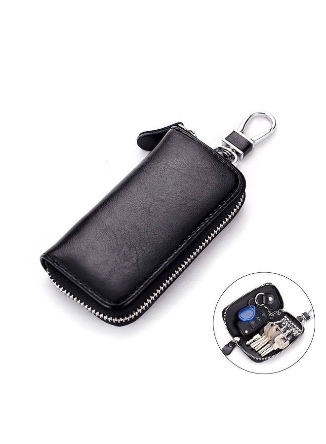 Genuine Leather Zipper Key Holder, Cowhide Key Case, Universal Car and Home Multifunctional Key Holder, with 2 Card Slots, 6 Hooks, and 1 Access Card, Key Case Wallet for Men and Women - Image 1