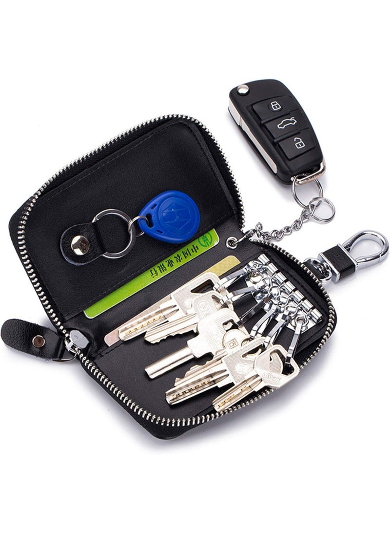Genuine Leather Zipper Key Holder, Cowhide Key Case, Universal Car and Home Multifunctional Key Holder, with 2 Card Slots, 6 Hooks, and 1 Access Card, Key Case Wallet for Men and Women - Image 2