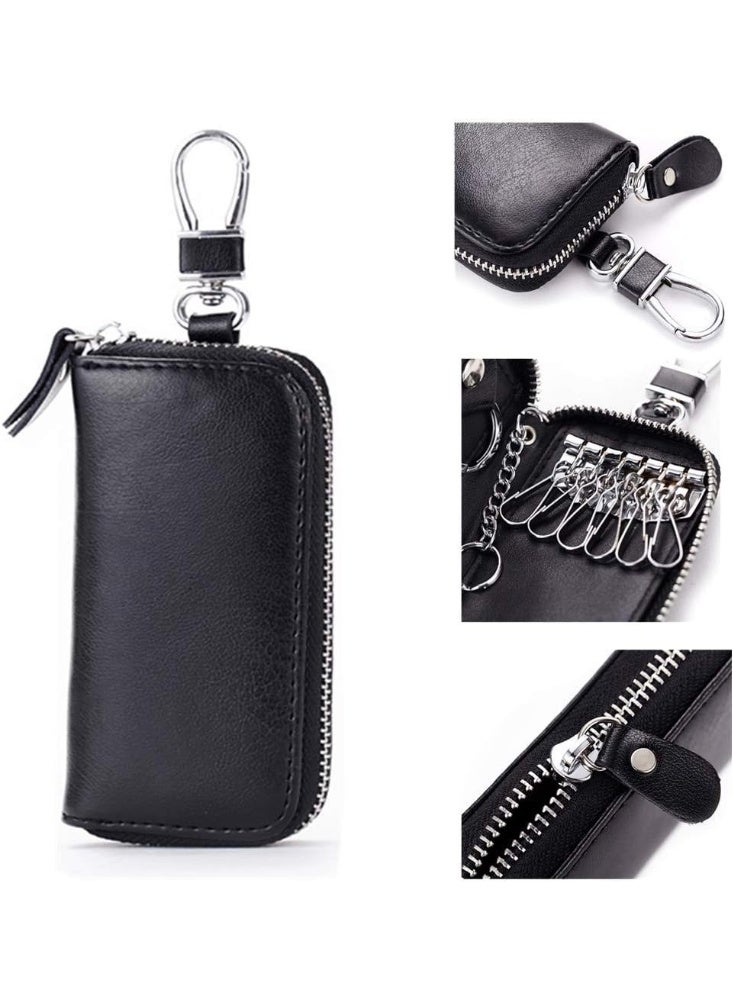 Genuine Leather Zipper Key Holder, Cowhide Key Case, Universal Car and Home Multifunctional Key Holder, with 2 Card Slots, 6 Hooks, and 1 Access Card, Key Case Wallet for Men and Women - Image 3