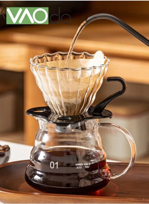 Pour Over Coffee Maker Set, 400ML Coffee Server with Glass Coffee Dripper and 40 Filter Papers , 2 in 1 Hand Drip Coffee Set Home or Office,1-3 Cups