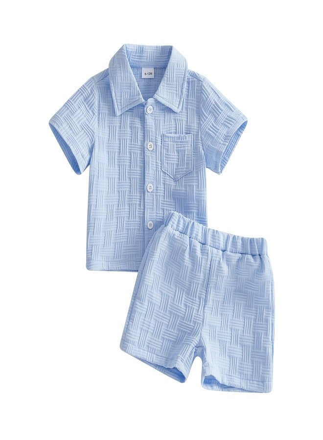 Thorn Tree Toddler Boy Outfit Button Down Shirt Short Sleeve Tops Elastic Waist Shorts Solid Baby Clothes Summer Outfits (SKY BLUE, 3-4Y) - Image 1