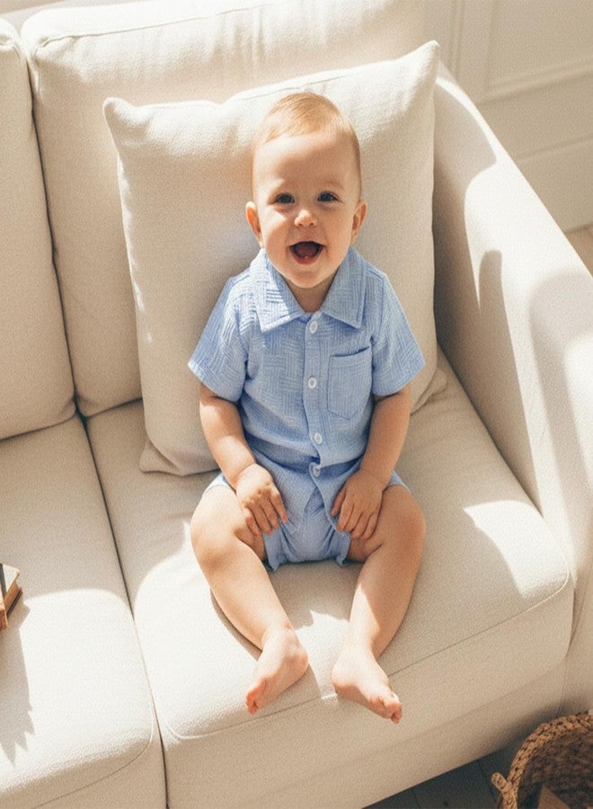 Thorn Tree Toddler Boy Outfit Button Down Shirt Short Sleeve Tops Elastic Waist Shorts Solid Baby Clothes Summer Outfits (SKY BLUE, 3-4Y) - Image 2