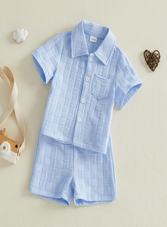 Thorn Tree Toddler Boy Outfit Button Down Shirt Short Sleeve Tops Elastic Waist Shorts Solid Baby Clothes Summer Outfits (SKY BLUE, 3-4Y) - Image 3