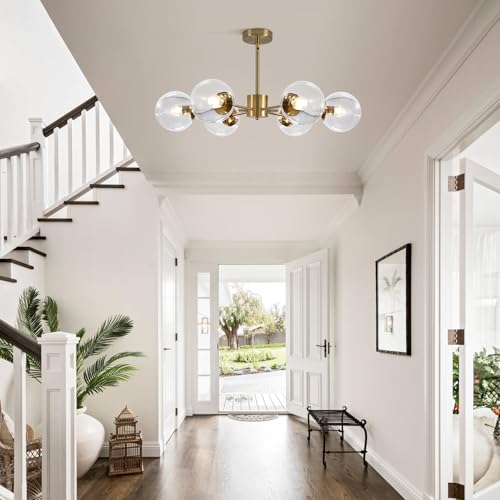 KCO Lighting Modern 6-Light Sputnik Chandelier with Clear Glass Globe Mid Century Adjustable Ceiling Pendant Light Gold Brass Flush Mounted Fixture - Image 4
