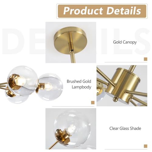 KCO Lighting Modern 6-Light Sputnik Chandelier with Clear Glass Globe Mid Century Adjustable Ceiling Pendant Light Gold Brass Flush Mounted Fixture - Image 3