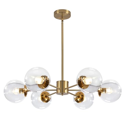 KCO Lighting Modern 6-Light Sputnik Chandelier with Clear Glass Globe Mid Century Adjustable Ceiling Pendant Light Gold Brass Flush Mounted Fixture - Image 1