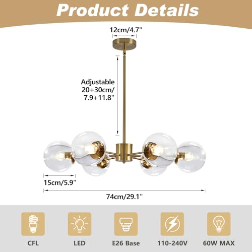 KCO Lighting Modern 6-Light Sputnik Chandelier with Clear Glass Globe Mid Century Adjustable Ceiling Pendant Light Gold Brass Flush Mounted Fixture - Image 2