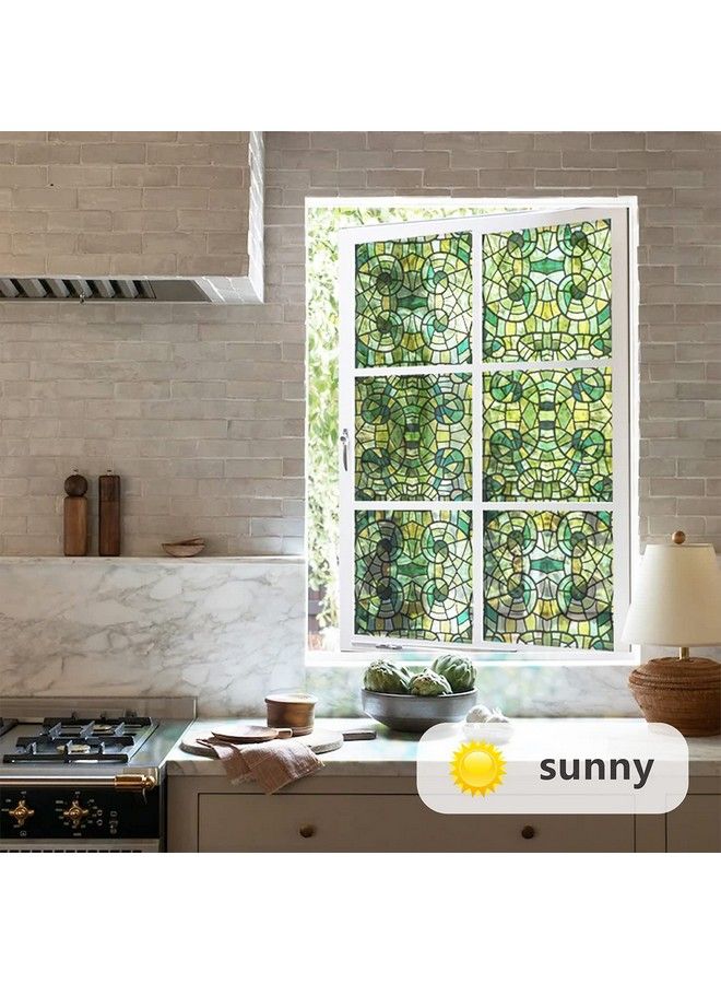 FUNLIFE Stained Glass Film Doublesided Thickened Static Cling Nonadhesive Decals Decor For Door Window 11.8"X118" Green Mosaic - Image 4