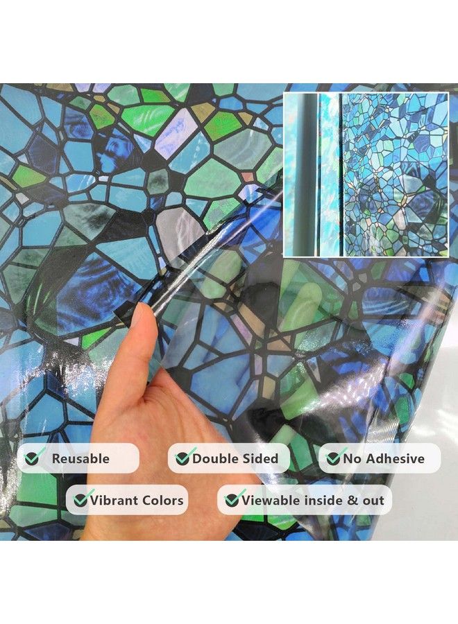 FUNLIFE Stained Glass Film Doublesided Thickened Static Cling Nonadhesive Decals Decor For Door Window 11.8"X118" Green Mosaic - Image 5