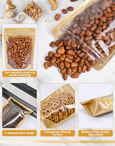FireKylin Resealable Stand Up Pouches with Zipper 100 PCS 47 x 79 Paper Bags With Window Clear Fornt Pouches Food Storage Brown - Image 3