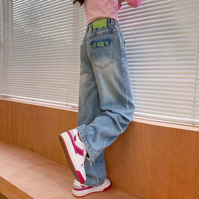Girls' Jeans Wide Leg Pants Girls' Pants Big Kids Junior High School Students Children Loose Straight Leg Pants - Image 2