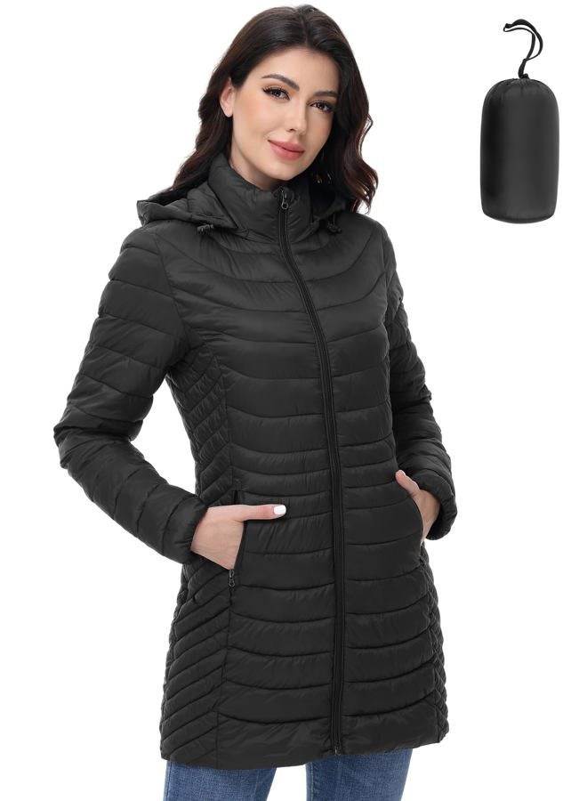 MIDNIGHTSUN Women's Lightweight Puffer Jacket Warm Puffer Coat with Hood (Black, XXL) - Image 1