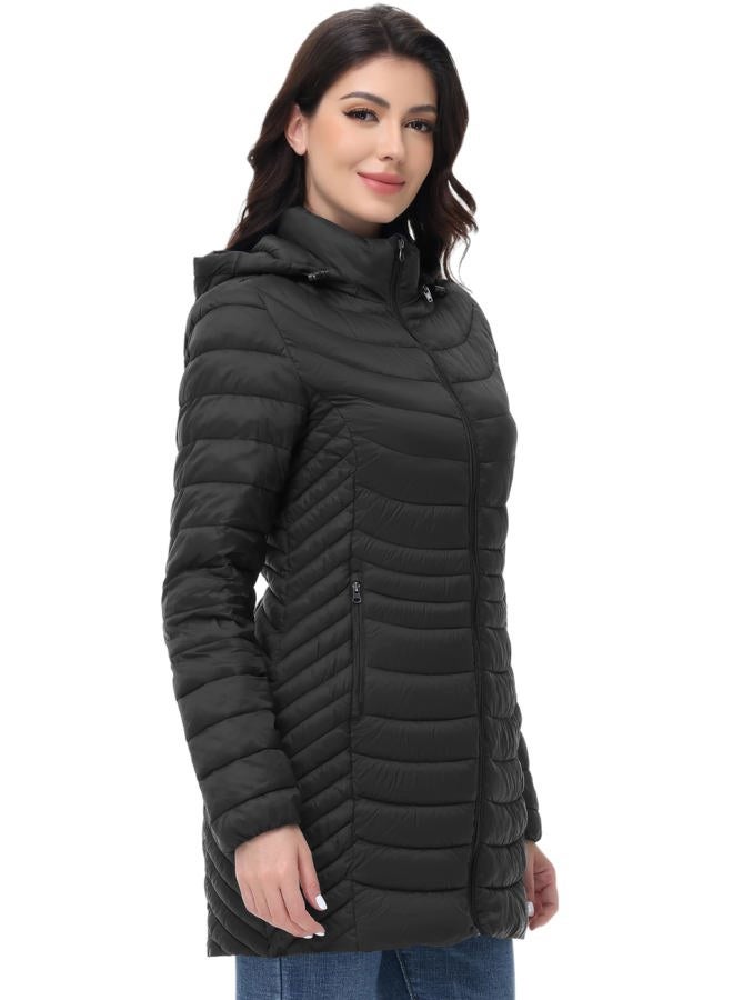 MIDNIGHTSUN Women's Lightweight Puffer Jacket Warm Puffer Coat with Hood (Black, XXL) - Image 2