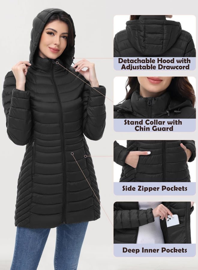 MIDNIGHTSUN Women's Lightweight Puffer Jacket Warm Puffer Coat with Hood (Black, XXL) - Image 4
