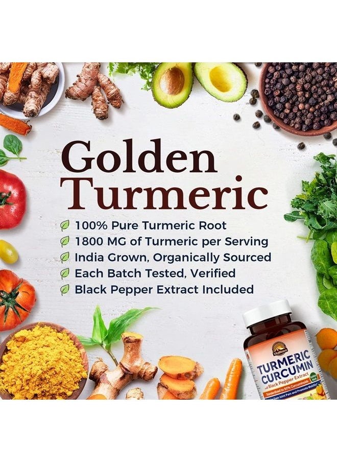 Vitalitown - Organic Turmeric Curcumin Root + Black Pepper, 1800MG, India Grown, 95% Standardized Curcuminoids, Ultra Potency, 2000% Absorption, No Lead or Gluten, Vegan Support, 90 ct - Image 1