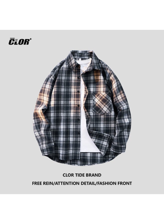 Clor Men's Grid Long Sleeve Shirt Spring And Autumn Fashion Loose Casual Shirt Jacket Clcx04 Black 3XL - Image 5