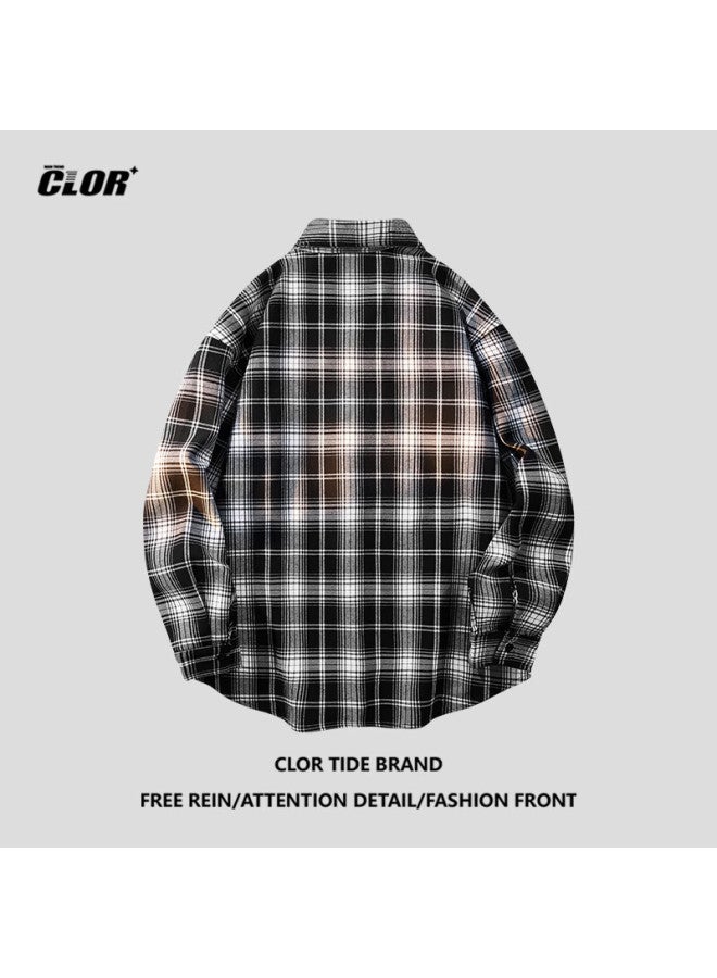 Clor Men's Grid Long Sleeve Shirt Spring And Autumn Fashion Loose Casual Shirt Jacket Clcx04 Black 3XL - Image 2