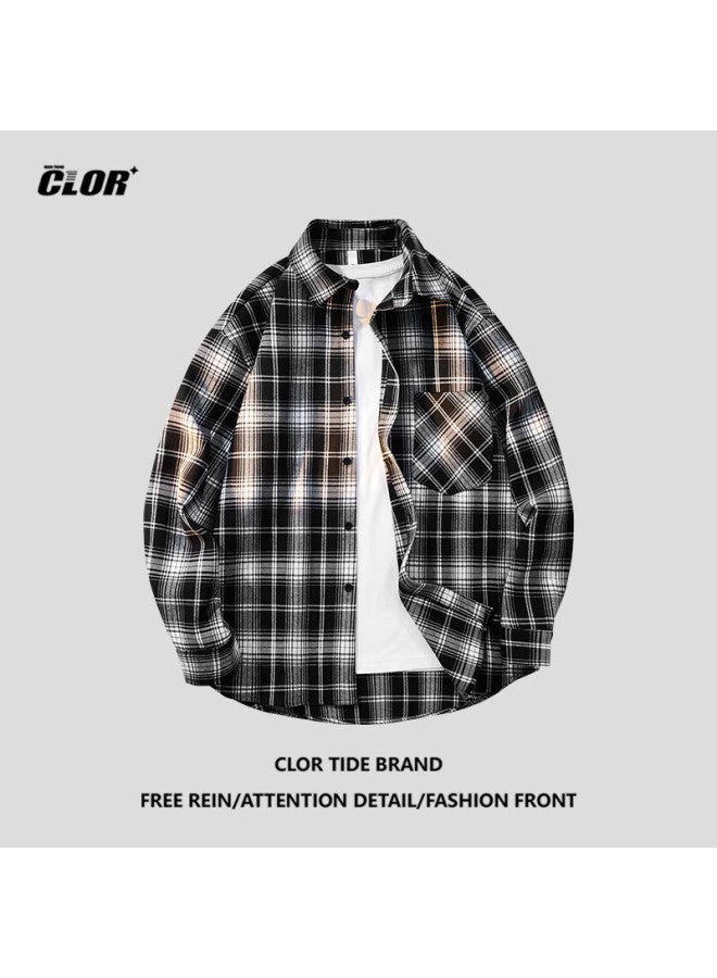 Clor Men's Grid Long Sleeve Shirt Spring And Autumn Fashion Loose Casual Shirt Jacket Clcx04 Black 3XL - Image 1