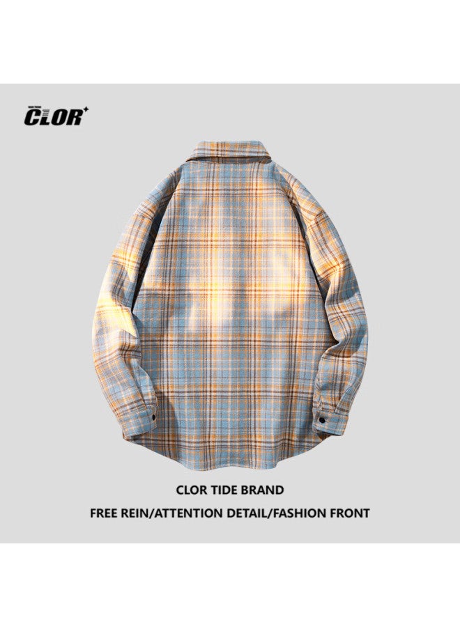 Clor Men's Grid Long Sleeve Shirt Spring And Autumn Fashion Loose Casual Shirt Jacket Clcx04 Black 3XL - Image 4