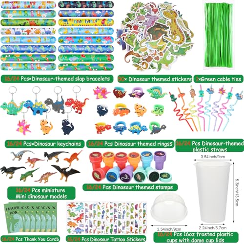 Qilery 195 Pcs Dinosaur Party Favors Bags Birthday Includes Plastic Cup with Lid Straw Keychain Bracelet Ring Stamper Stickers Tag for Party Favors Piata Filling - Image 5