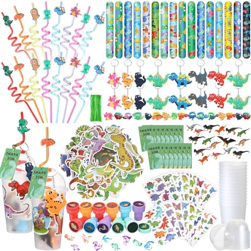 Qilery 195 Pcs Dinosaur Party Favors Bags Birthday Includes Plastic Cup with Lid Straw Keychain Bracelet Ring Stamper Stickers Tag for Party Favors Piata Filling - Image 1