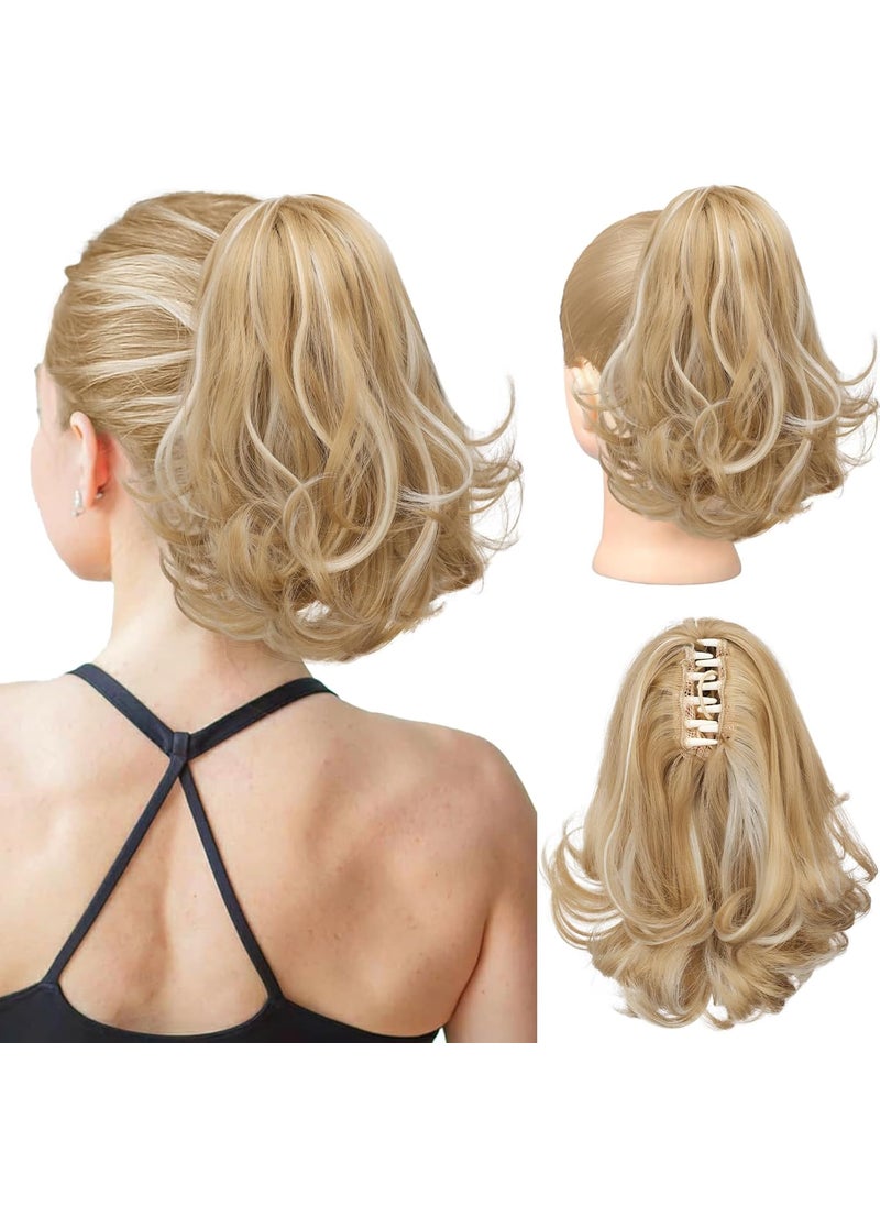 KooKaStyle KooKaStyle Ponytail Extension 10 Short Claw Clip in Pony Tails Hair Extensions Curly Wavy Synthetic Drawstring Hairpieces for Women Medium Blonde with Highlights 